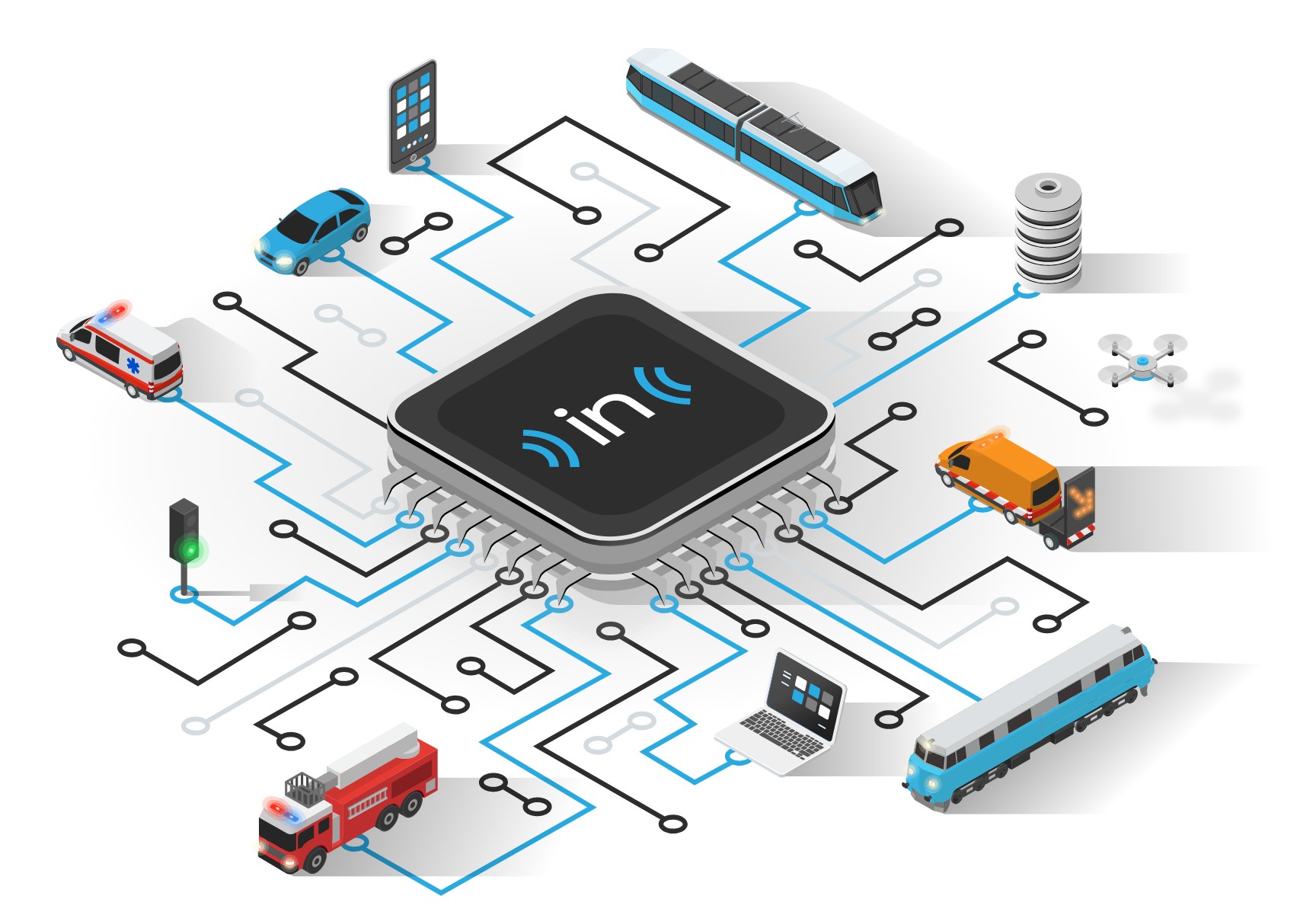 Multiple devices connected to central chip with the INTENS logo