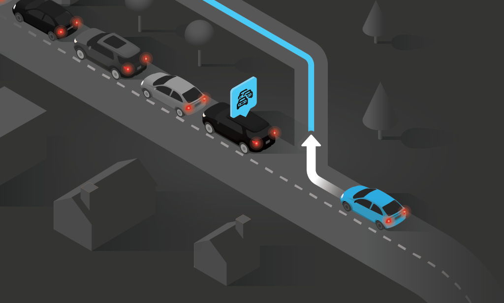 Vehicle turning onto a detour to avoid traffic jam