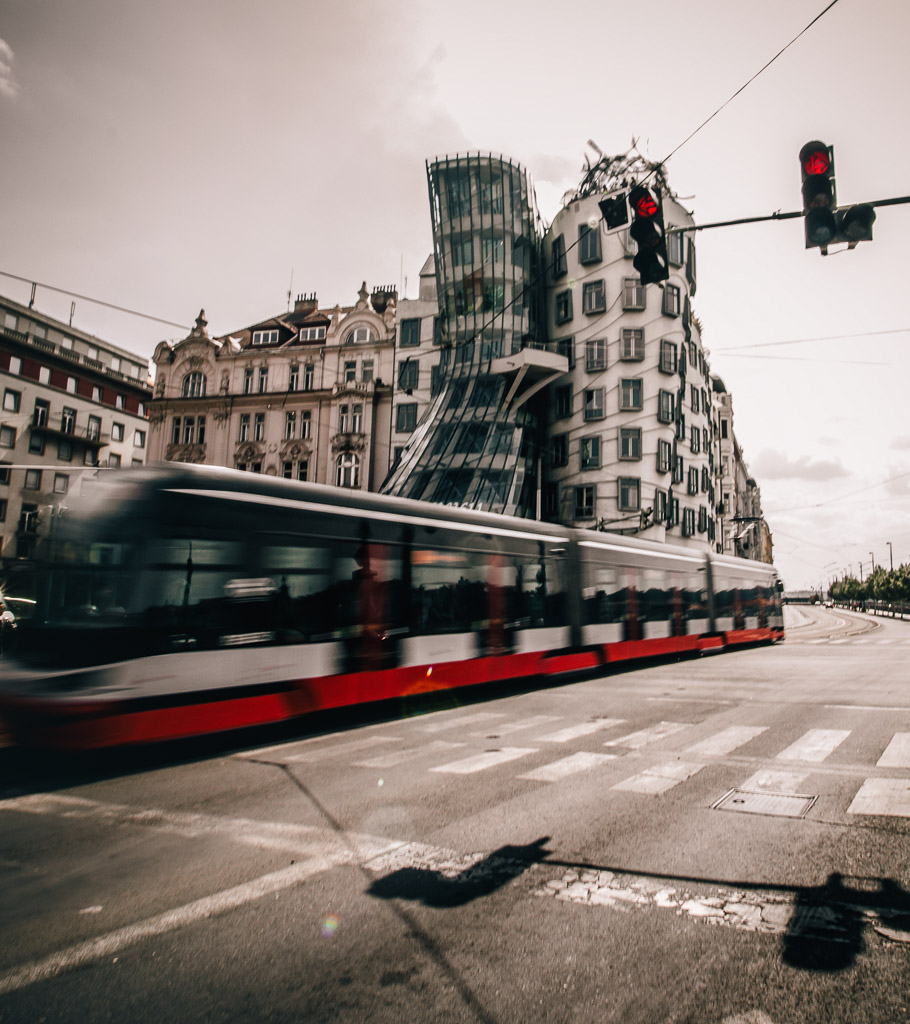 Tram passing swiftly through an intersection