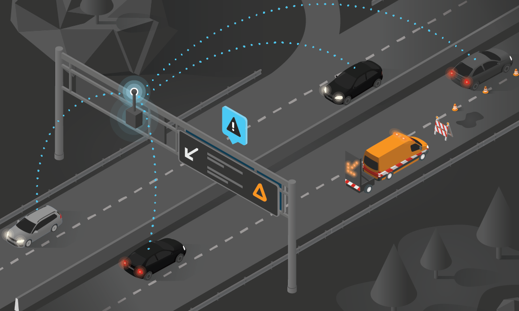 Roadside unit at variable message sign on a highway communicating with passing vehicles