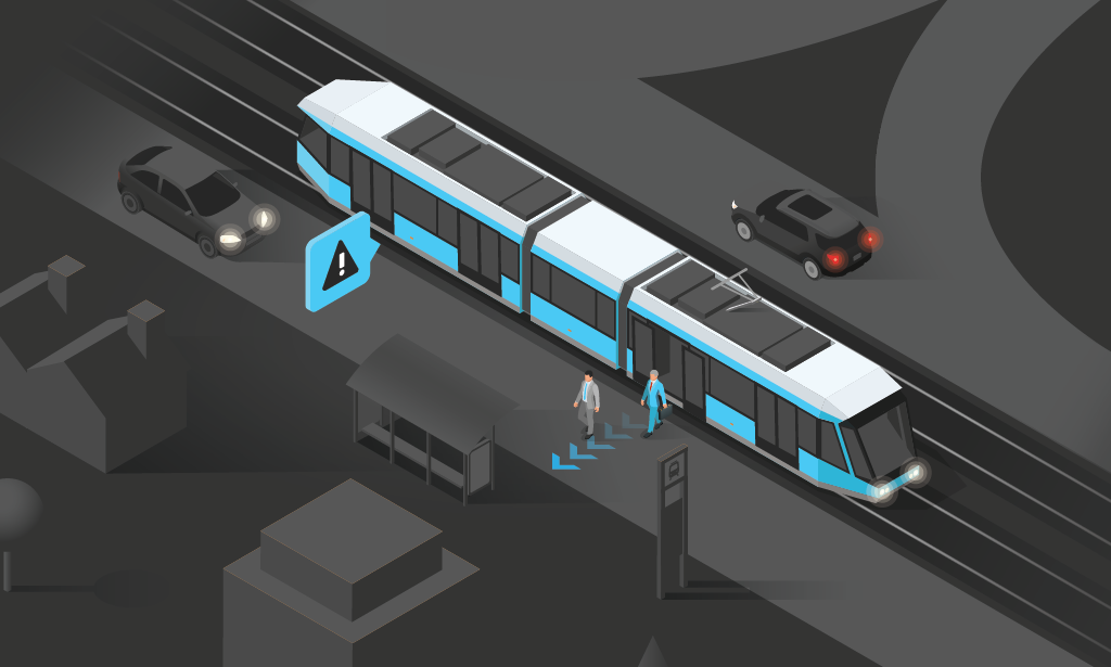 People getting off a tram, passenger car waiting in front of a tram stop