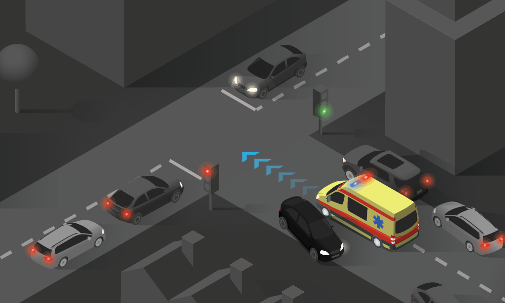 Emergency vehicle driving through a corridor formed by vehicles