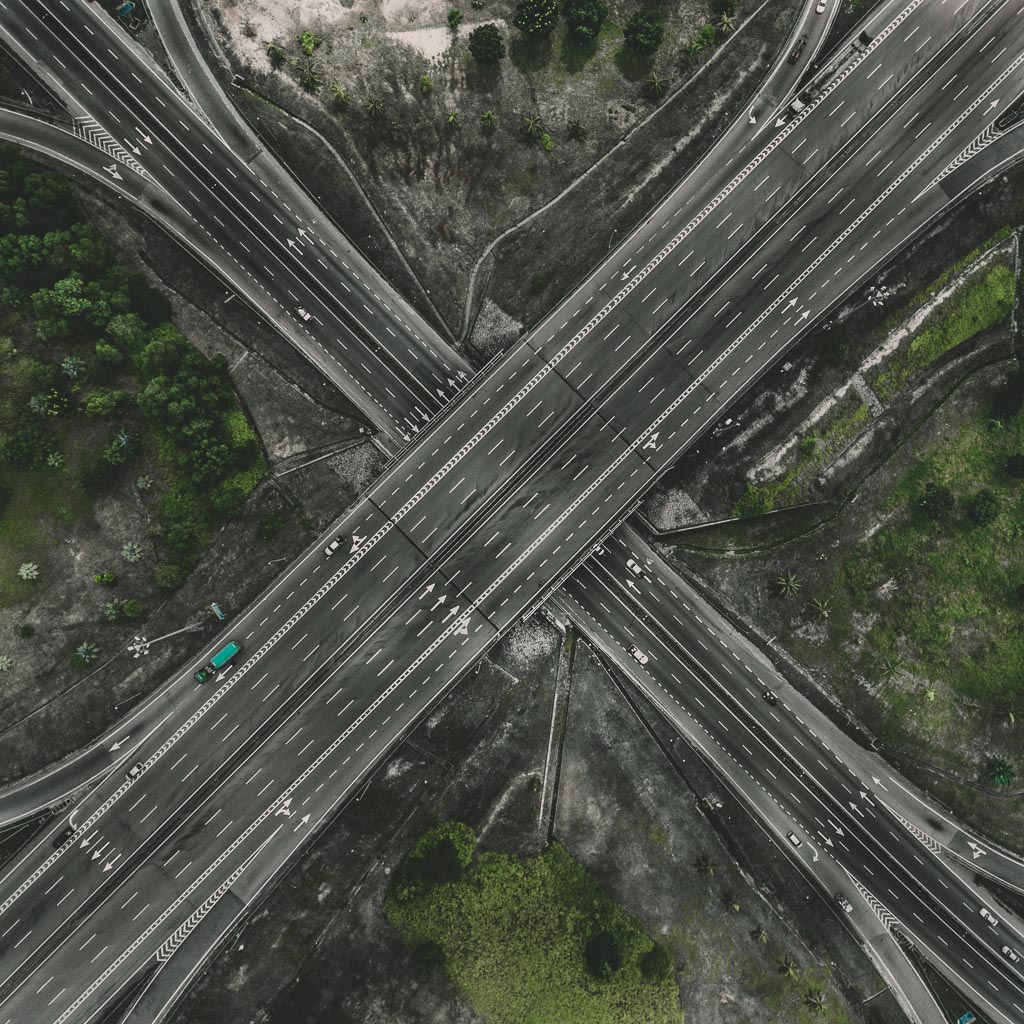 Top view of a busy intersection